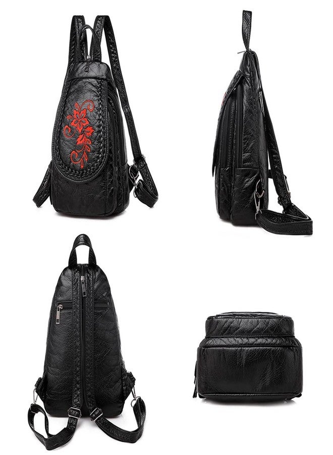 NIGEDU Vintage Embroidered Women Backpacks Soft PU Leather Backpack Purse Small Female Travel Bag High Capacity Black Chest Packs (Red Flower) - Image 4