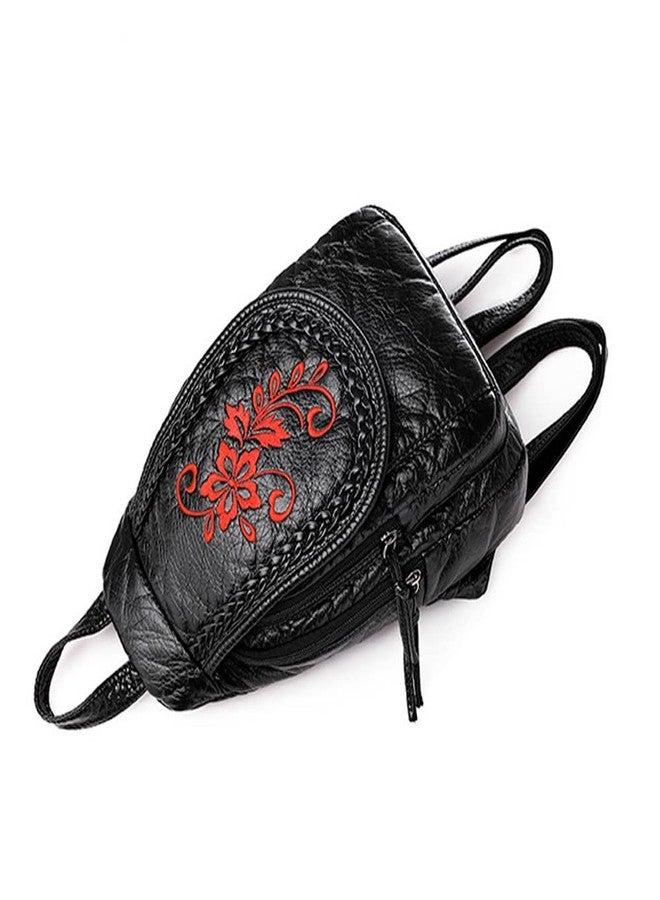 NIGEDU Vintage Embroidered Women Backpacks Soft PU Leather Backpack Purse Small Female Travel Bag High Capacity Black Chest Packs (Red Flower) - Image 3