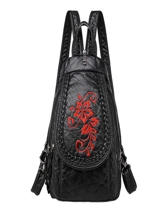 NIGEDU Vintage Embroidered Women Backpacks Soft PU Leather Backpack Purse Small Female Travel Bag High Capacity Black Chest Packs (Red Flower) - Image 1