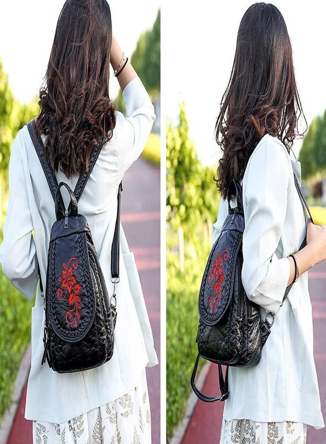 NIGEDU Vintage Embroidered Women Backpacks Soft PU Leather Backpack Purse Small Female Travel Bag High Capacity Black Chest Packs (Red Flower) - Image 2