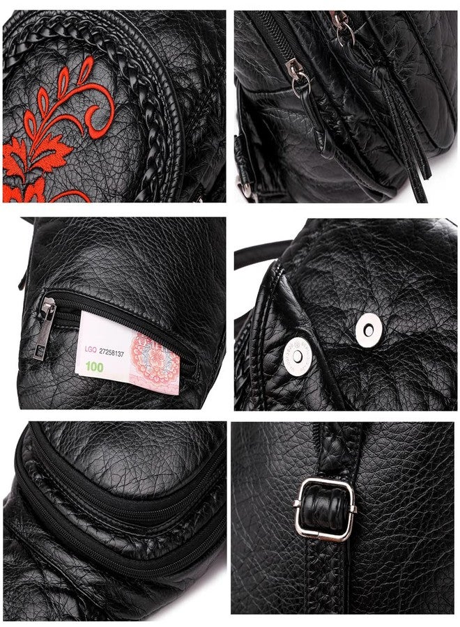 NIGEDU Vintage Embroidered Women Backpacks Soft PU Leather Backpack Purse Small Female Travel Bag High Capacity Black Chest Packs (Red Flower) - Image 5