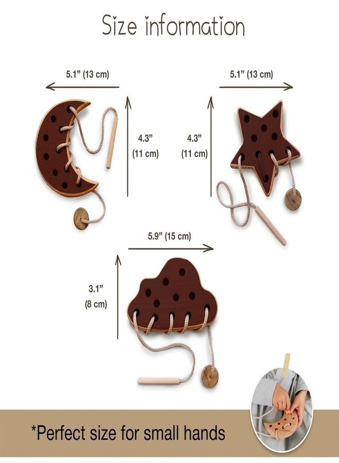 Keebori Wooden Lacing Toy Set, Educational Moon Star Cloud Shapes, Natural Wood Threading Activity with Cord, Montessori Fine Motor Skills Development for Toddlers by KEEBORI (Brown, Moon) - Image 2