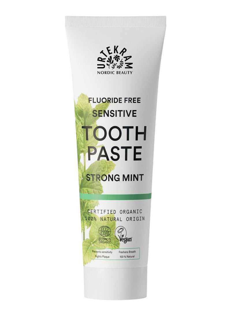 Urtekram Organic Strong Mint Toothpaste for Sensitive Teeth, 75ml - Fluoride-Free, 100% Organic, Vegan, Natural Ingredients, Gentle Oral Care - Image 1
