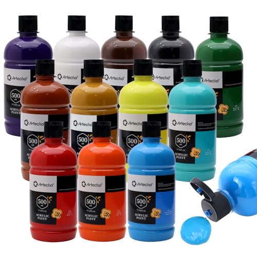 Artecho 12 Colors Large Bulk Acrylic Paint Set (500ml/17oz) Bottles, Art Craft Paint for Art Supplies, Canvas, Rocks, Wood, Fabric, Ceramic, Non Toxic for Artists and Adults - Image 1