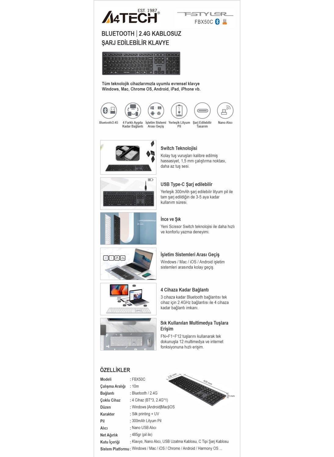 A4TECH A4 Tech Fstyler FBX50C Gray Bluetooth+2.4G Nano Fn Rechargeable Multimedia Keyboard  - Image 5