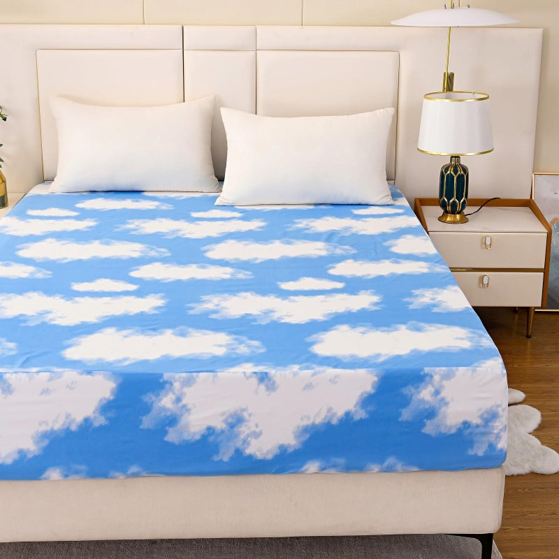NATURETY Bedding Fitted Sheet with Deep Pocket for Single Bed Mattress Cover Sheets White Cloud Printed Fabric Bed Sheets (Blue Sky  Twin) - Image 3