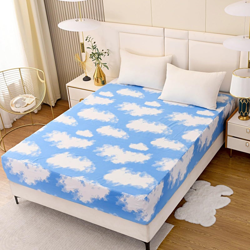 NATURETY Bedding Fitted Sheet with Deep Pocket for Single Bed Mattress Cover Sheets White Cloud Printed Fabric Bed Sheets (Blue Sky  Twin) - Image 1