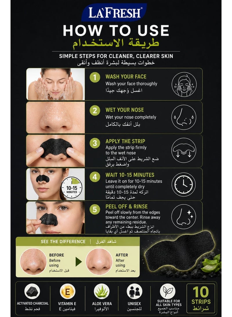 La Fresh Unisex Charcoal Deep Cleansing Nose Strips with Vitamin E & Aloe Vera | Removes Blackheads, Excess Oil & Unclogs Pores | 10 Strips - Image 3