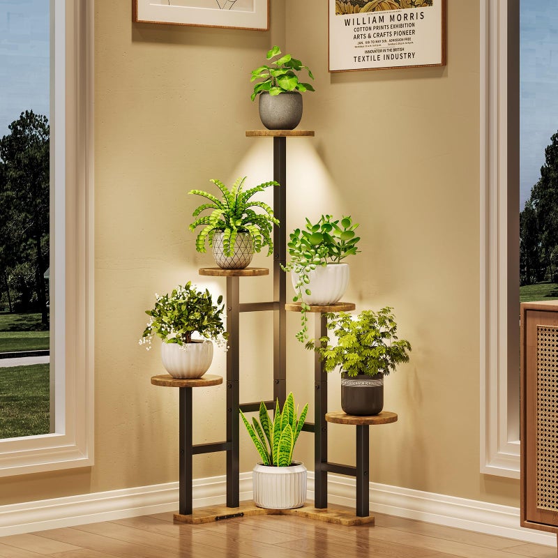 Yzosvki Corner Plant Stand Indoor with Grow Lights 6 Tiered Corner Plant Shelf Flower Stand for Multiple Plants Plant Shelves Organizer Rack for Living Room Balcony Patio Round Rustic Brown - Image 2