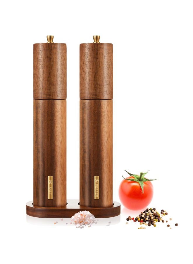 LOYIM Wooden Salt and Pepper Grinder Set 10 Inch Manual Salt and Pepper Mill with Tray Adjustable Coarseness Refillable Wood Grinders with Gold Bottle Label for Kitchen(Wood Color) - Image 1