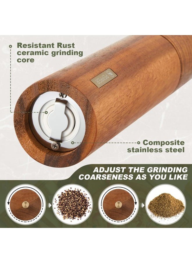 LOYIM Wooden Salt and Pepper Grinder Set 10 Inch Manual Salt and Pepper Mill with Tray Adjustable Coarseness Refillable Wood Grinders with Gold Bottle Label for Kitchen(Wood Color) - Image 4