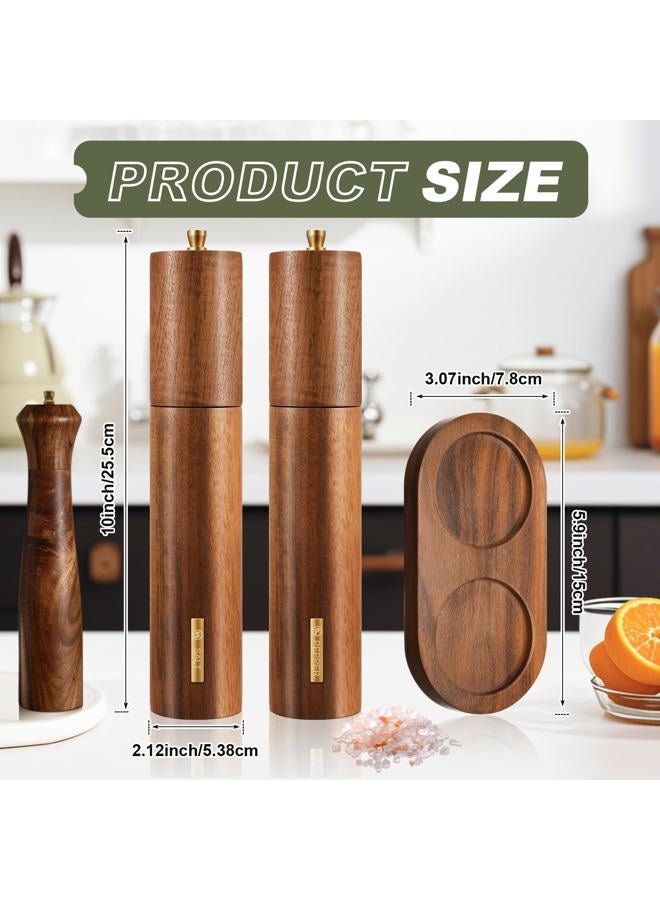 LOYIM Wooden Salt and Pepper Grinder Set 10 Inch Manual Salt and Pepper Mill with Tray Adjustable Coarseness Refillable Wood Grinders with Gold Bottle Label for Kitchen(Wood Color) - Image 3