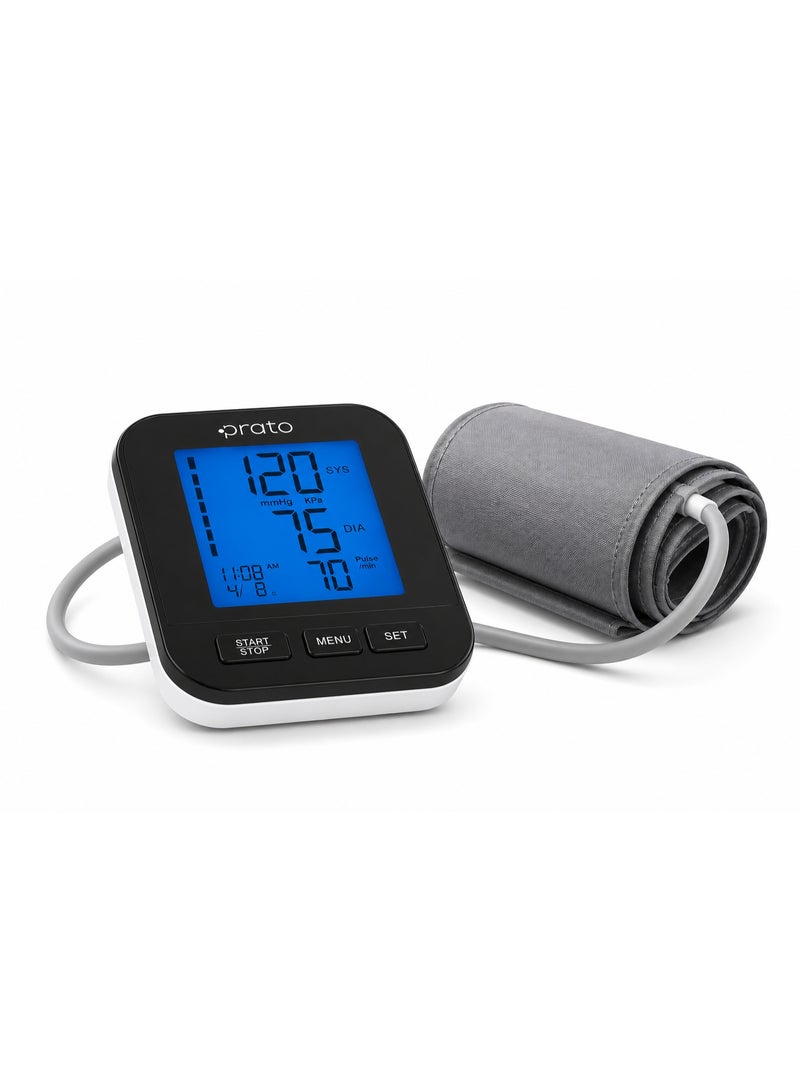 براتول جهاز قياس ضغط الدم الرقمي عن طريق الذراع براتو BP101D ناطق بشاشة LCD ملونة وذاكرة مستخدمين - أسود وأبيض (طقم كامل) - Image 1