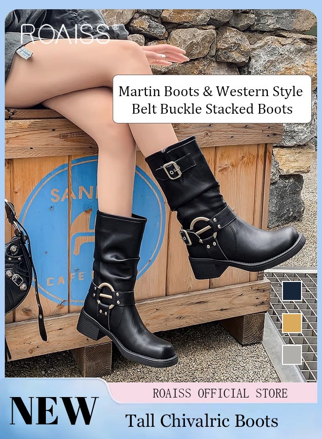roaiss Belt Buckle Leather Mid Calf Boots for Women Slip On Square Toe Chunky Heel High Boot Vintage Martin Shoes - Image 1