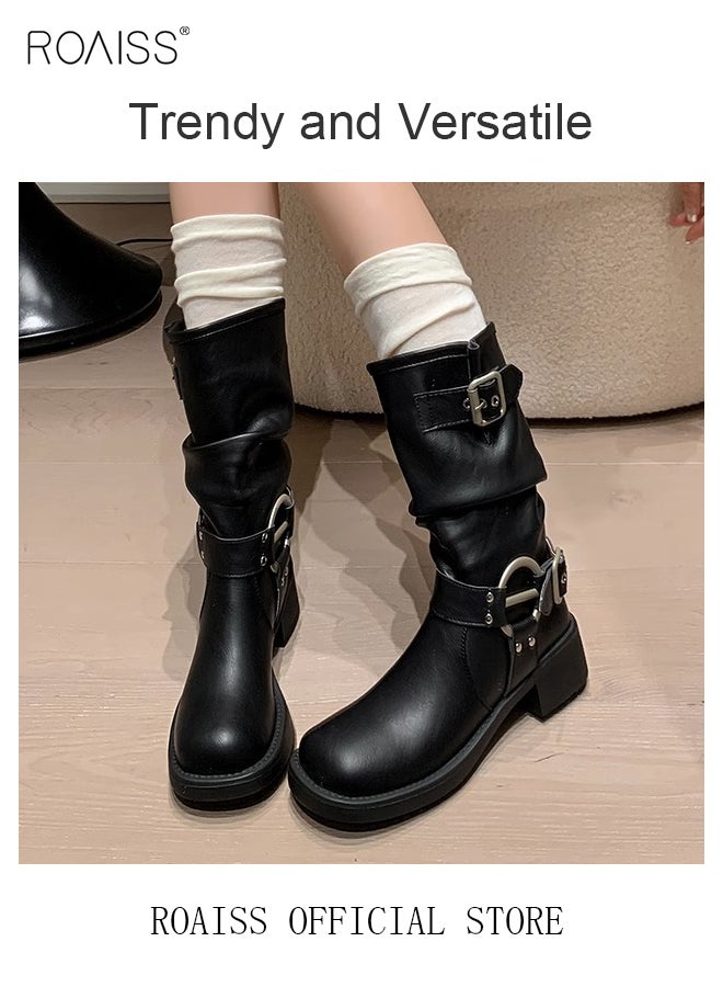 roaiss Belt Buckle Leather Mid Calf Boots for Women Slip On Square Toe Chunky Heel High Boot Vintage Martin Shoes - Image 2
