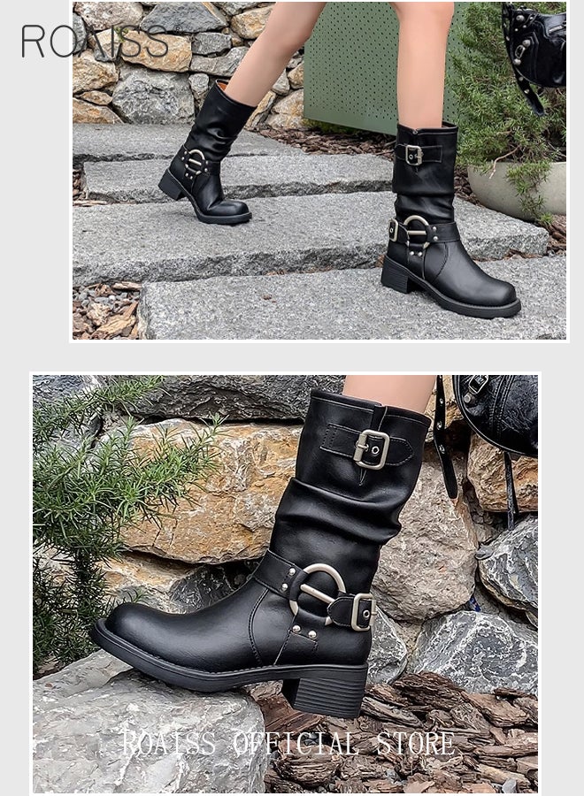 roaiss Belt Buckle Leather Mid Calf Boots for Women Slip On Square Toe Chunky Heel High Boot Vintage Martin Shoes - Image 3