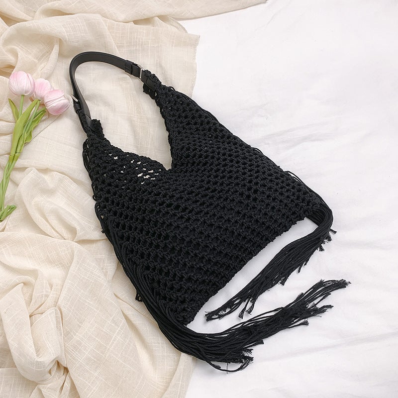 Retro Tassel Bag Women'S Hollow Hand-Woven Bag Beach Bag New Commuter Women'S Shoulder Versatile Tote Bag - Image 5