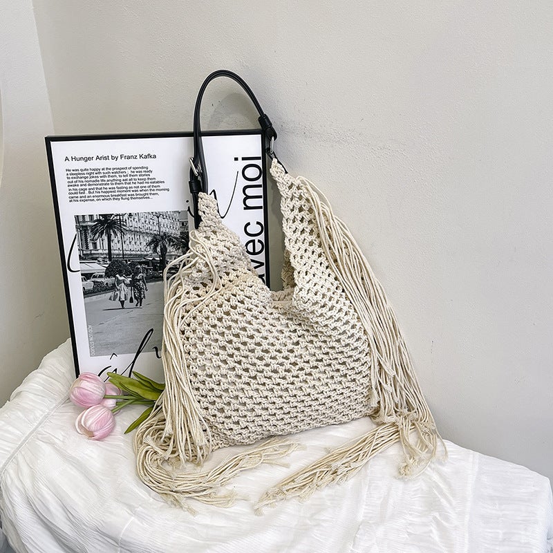 Retro Tassel Bag Women'S Hollow Hand-Woven Bag Beach Bag New Commuter Women'S Shoulder Versatile Tote Bag - Image 3