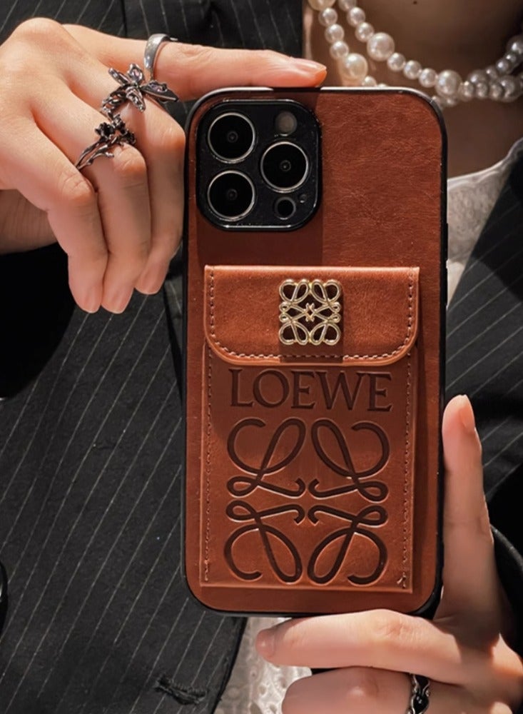 Embossed Leather Card Holder, European And American Retro Anti Drop All Inclusive Phone Case,  Brown Color,Suitable For iPhone 16 - Image 1