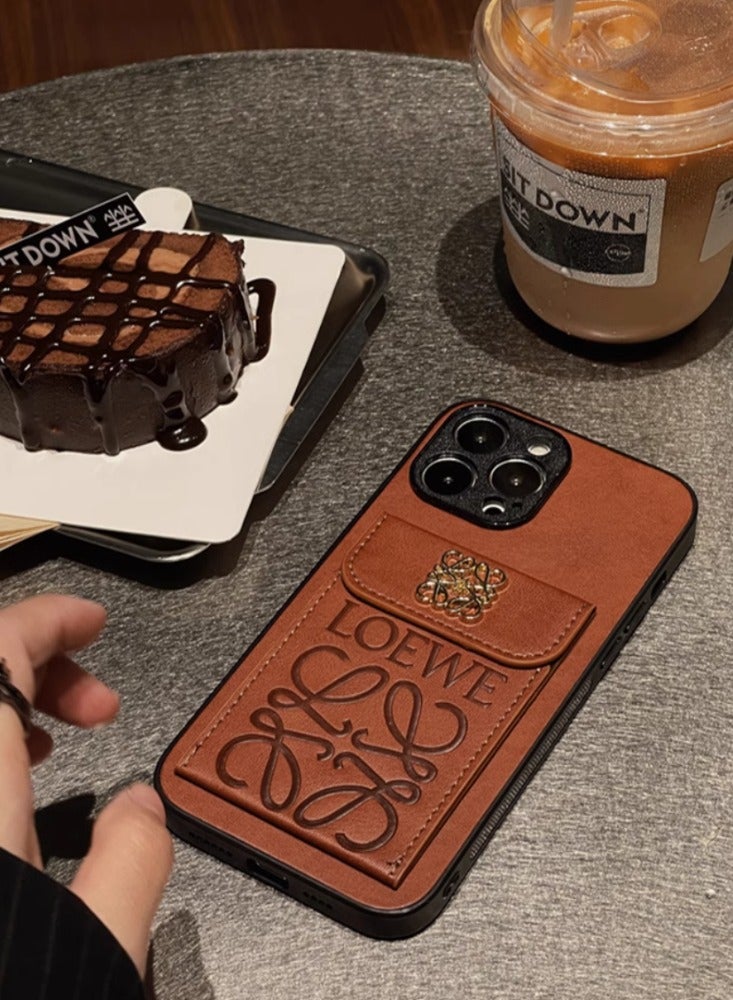 Embossed Leather Card Holder, European And American Retro Anti Drop All Inclusive Phone Case,  Brown Color,Suitable For iPhone 16 - Image 5