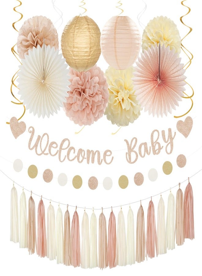 burgleda Champagne-Gold Beige Fall Baby-Shower Party-Decorations - 36pcs Welcome Home Banner Sign,Neutral Paper Lanterns,Girl Streamers Garland,Boho Hanging Tissue Pom Poms Flowers Fans Backdrop Decor Burgleda - Image 1