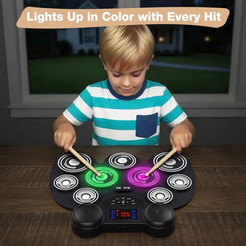 Yottix Electric Drum Set with 7 Colorful LED Light Patterns, Better Rebound Feel Electronic Drum Kit Featuring Bluetooth MIDI, 9 Drum Pads, and Dual Speakers, Christmas Birthday Gift for Kids Adult - Image 2