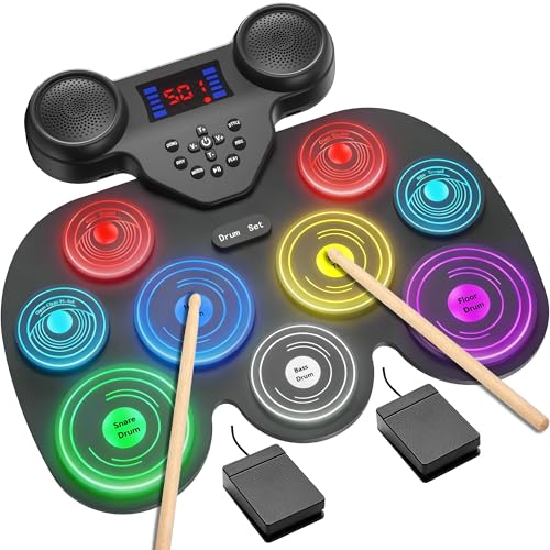 Yottix Electric Drum Set with 7 Colorful LED Light Patterns, Better Rebound Feel Electronic Drum Kit Featuring Bluetooth MIDI, 9 Drum Pads, and Dual Speakers, Christmas Birthday Gift for Kids Adult - Image 1