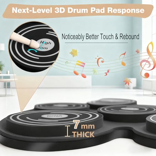 Yottix Electric Drum Set with 7 Colorful LED Light Patterns, Better Rebound Feel Electronic Drum Kit Featuring Bluetooth MIDI, 9 Drum Pads, and Dual Speakers, Christmas Birthday Gift for Kids Adult - Image 3
