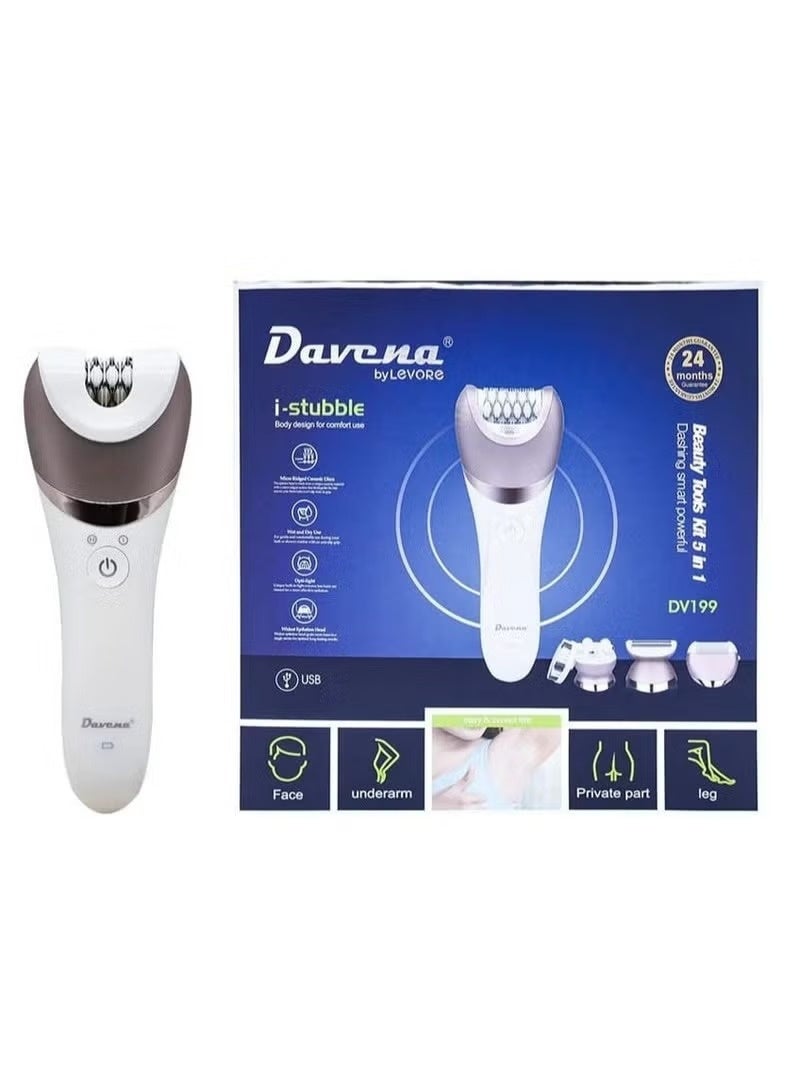Davena 5-in-1 Women's Hair Removal Device USB Rechargeable – Multi-Head Grooming Tool for Face, Underarms, Legs & Sensitive Areas - Image 1