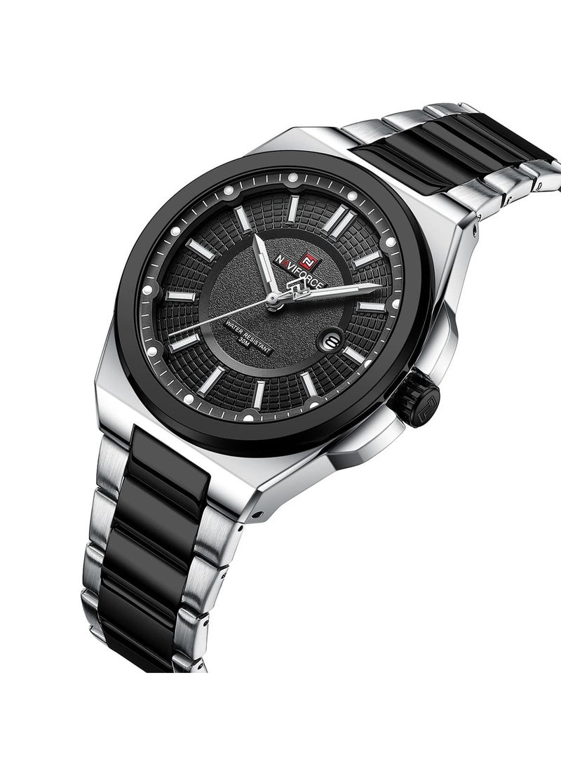 Luxury Black and Silver Stainless Steel Analog Watch for Men with Date Display