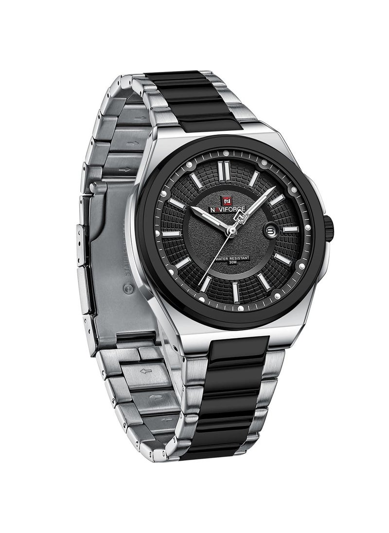 Luxury Black and Silver Stainless Steel Analog Watch for Men with Date Display