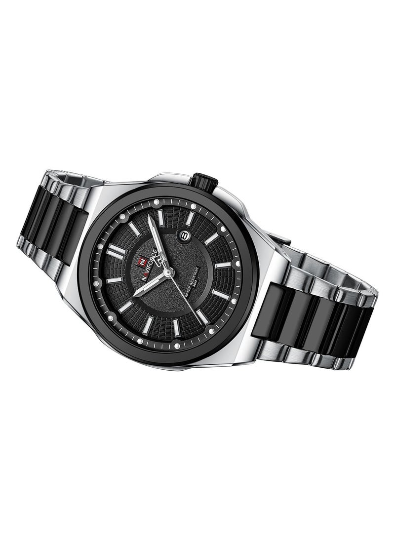 Luxury Black and Silver Stainless Steel Analog Watch for Men with Date Display