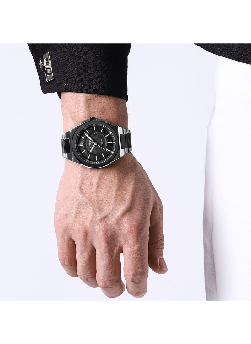 Luxury Black and Silver Stainless Steel Analog Watch for Men with Date Display