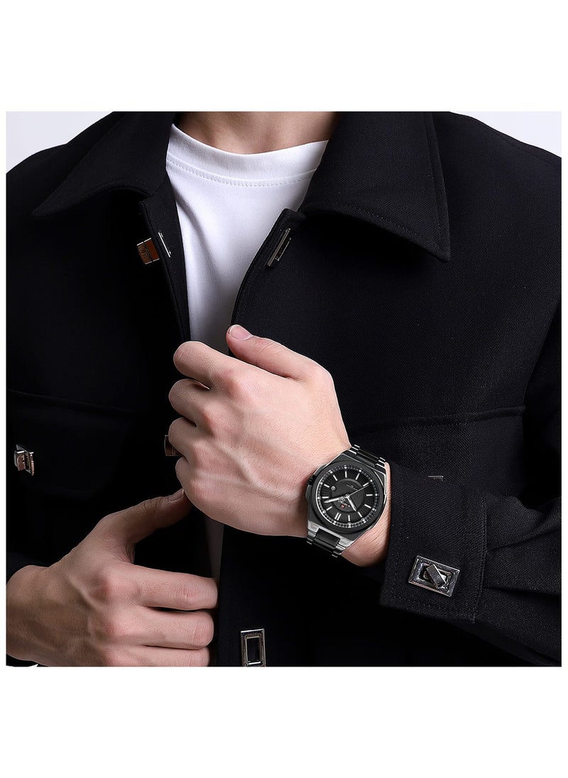Luxury Black and Silver Stainless Steel Analog Watch for Men with Date Display