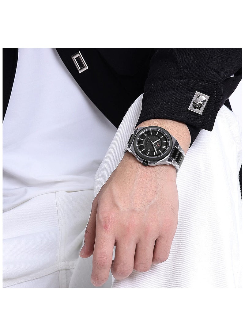 Luxury Black and Silver Stainless Steel Analog Watch for Men with Date Display