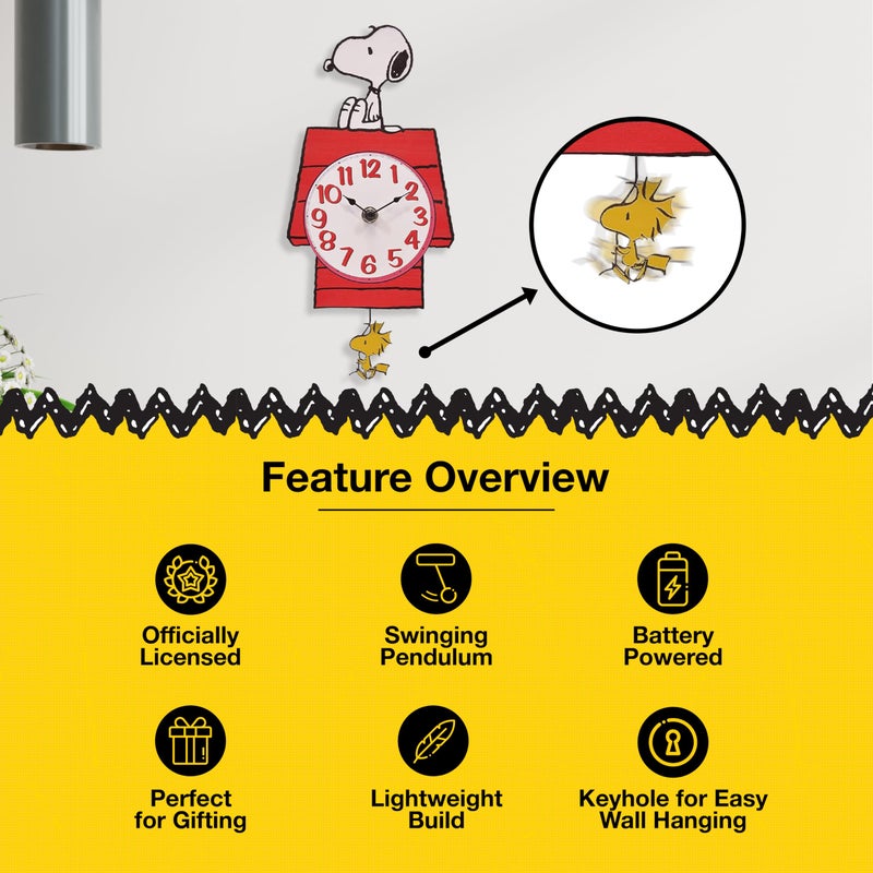 Mark Feldstein & Associates Mark Feldstein, Peanuts Snoopy's Dog House with Woodstock Pendulum Pal Wall Clock, 12 Inch - Image 3