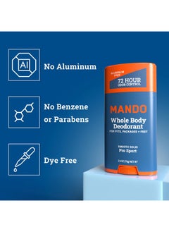 Mando Mando Whole Body Deodorant For Men - Smooth Solid Stick - 72 Hour Odor Control - Aluminum Free, Baking Soda Free, Skin Safe - 2.6 ounce (Pack of 2) - Pro Sport  - Image 2