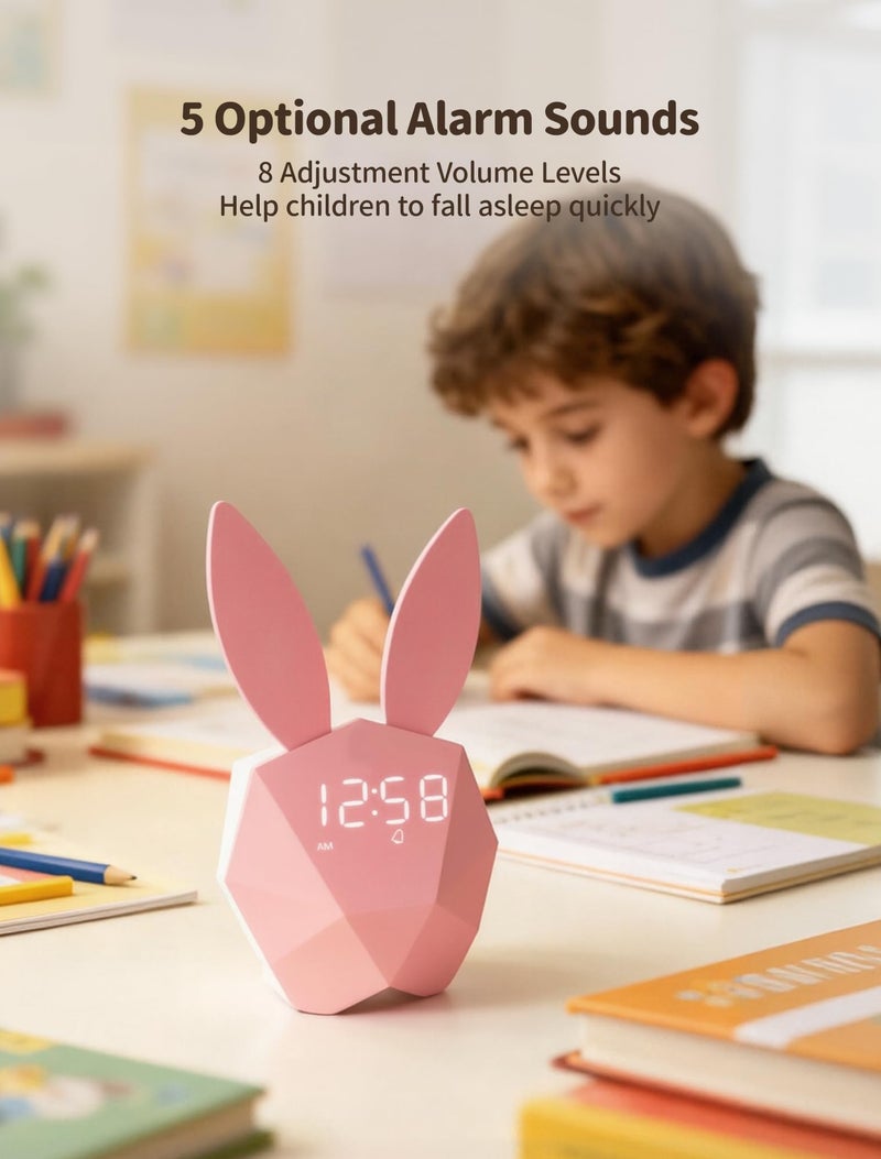 MASHI Bunny Kids Alarm Clock for Girls, Pink Alarm Clock with Night Light & Snooze, Sound Activated Digital Clock, 5 Ringtones & Adjustable Volume,Gift Ideas for Kids Girls Teens Room Decor (Pink) - Image 4