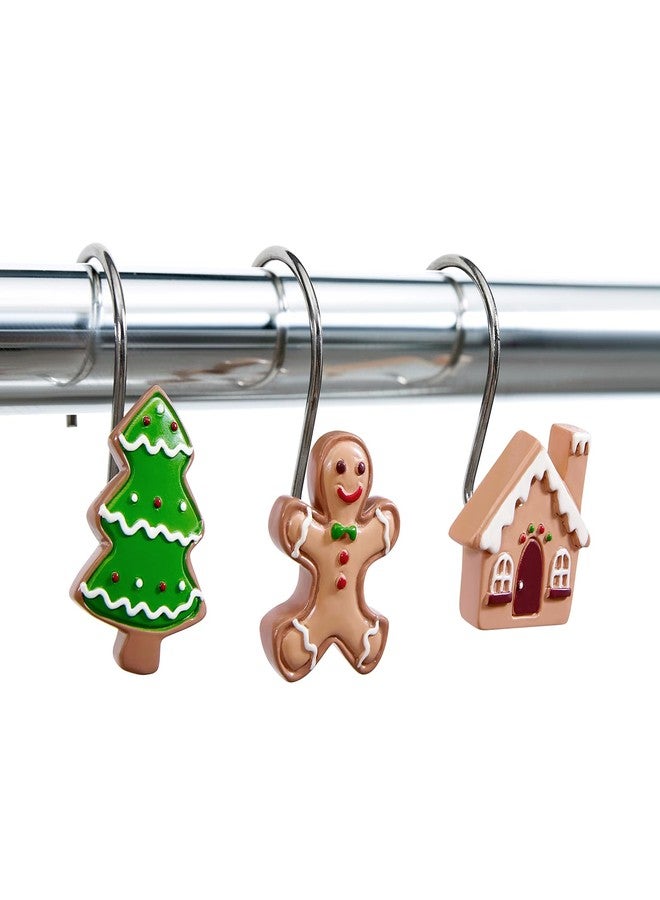 Estmy Cute Gingerbread House Christmas Shower Curtain Hooks Set of 12 Resin Xmas Tree Ginger Cake Man Bathroom Decor Accessories Set Candyland Festive Winter Holiday Christmas Shower Hooks Rustproof - Image 1