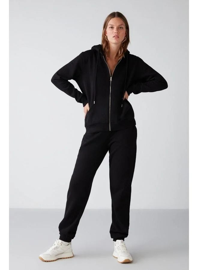 GRIMELANGE Maritza Women's Regular Fit Elastic Waist and Leg Black Sweatpants with Lining