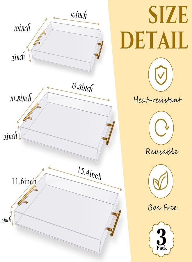 Vevitts 3 Pack Clear Acrylic Serving Tray with Gold Handles, Spill-Proof Acrylic Tray, Decorative Organizer Tray for Coffee Table Countertop Bathroom Vanity Appetizer Breakfast - Image 2