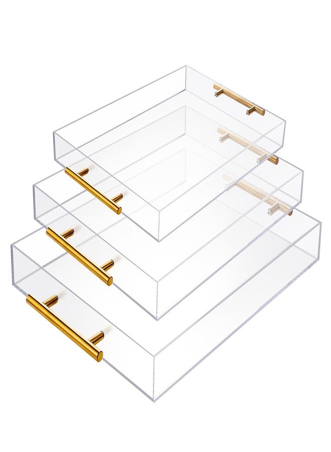 Vevitts 3 Pack Clear Acrylic Serving Tray with Gold Handles, Spill-Proof Acrylic Tray, Decorative Organizer Tray for Coffee Table Countertop Bathroom Vanity Appetizer Breakfast - Image 1