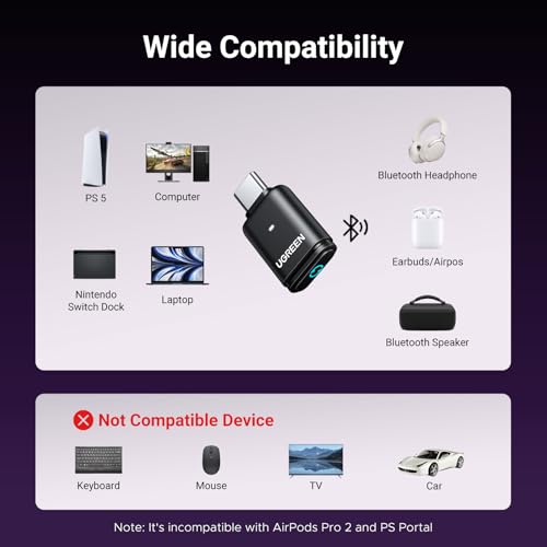Ugreen محول بلوتوث USB-C من UGREEN لجهاز PS5، محول صوت بلوتوث 5.3 مع APTX تأخير منخفض و aptX-تكييف، ناقل صوت لاسلكي لتوصيل سماعات الرأس والسماعات اللاسلكية - Image 3