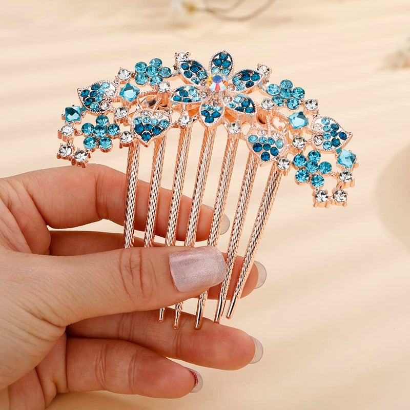 Jumwrit Crystal Bride Wedding Hair Comb Love Heart Leaf Colorful Rhinestone Flower Hair Side Comb Rose Gold Hair Clip Comb Floral Vintage Bridesmaid Headpiece Bridal Hair Jewelry for Women GirlsBlue