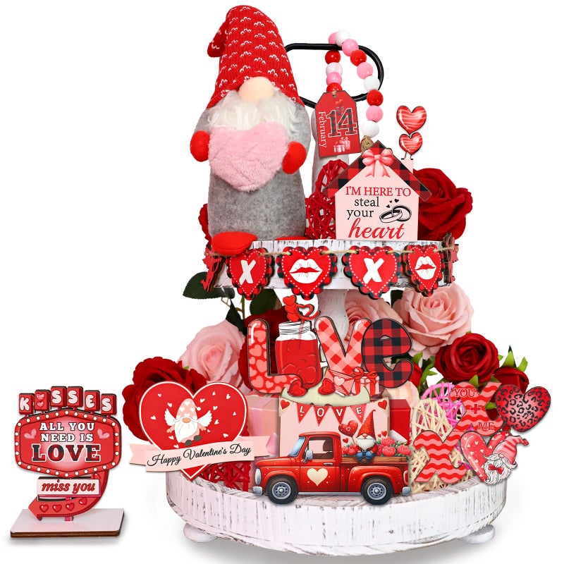 FINDRICH 16 Pcs Valentines Day Tiered Tray Decororations Set, Valentine Gnome Tiered Tray Decor-Valentine Gnome Plush Valentine Wood Signs Valentine Decorations for Home Kitchen Table Valentines Day Gift (Red) - Image 1