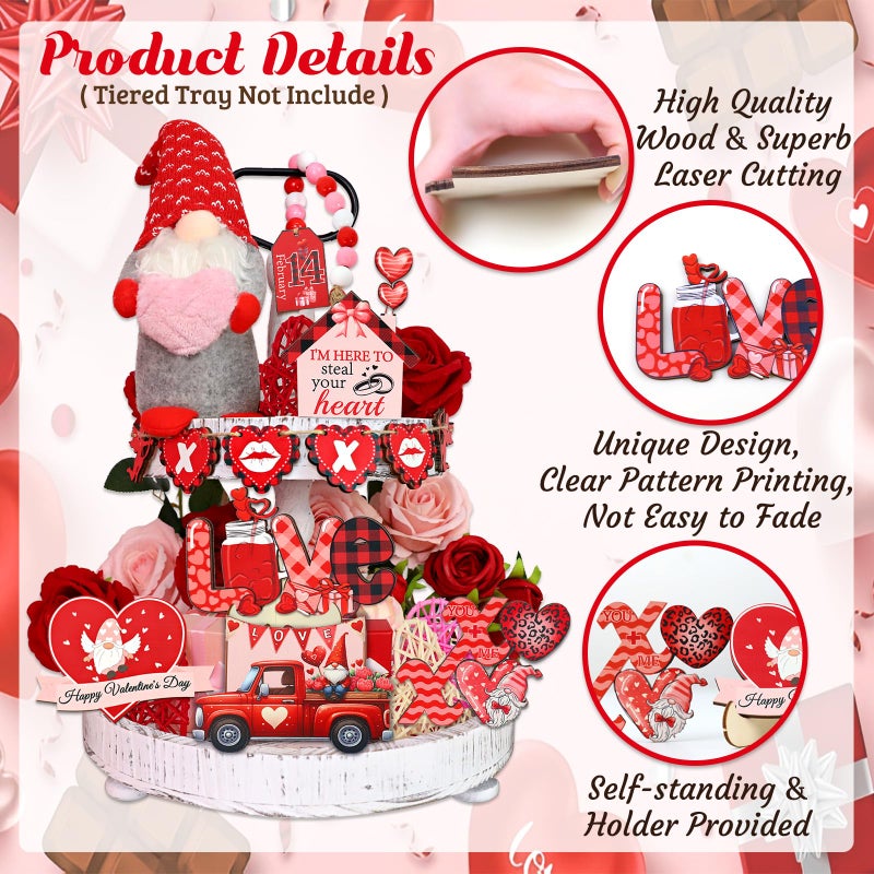 FINDRICH 16 Pcs Valentines Day Tiered Tray Decororations Set, Valentine Gnome Tiered Tray Decor-Valentine Gnome Plush Valentine Wood Signs Valentine Decorations for Home Kitchen Table Valentines Day Gift (Red) - Image 4