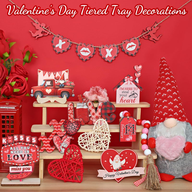 FINDRICH 16 Pcs Valentines Day Tiered Tray Decororations Set, Valentine Gnome Tiered Tray Decor-Valentine Gnome Plush Valentine Wood Signs Valentine Decorations for Home Kitchen Table Valentines Day Gift (Red) - Image 5