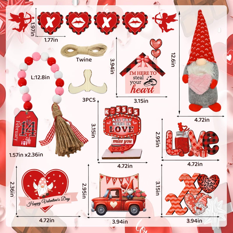 FINDRICH 16 Pcs Valentines Day Tiered Tray Decororations Set, Valentine Gnome Tiered Tray Decor-Valentine Gnome Plush Valentine Wood Signs Valentine Decorations for Home Kitchen Table Valentines Day Gift (Red) - Image 3