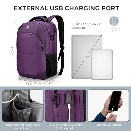 Swissdigital Design Business Laptop Backpack, College Laptops Backpack with USB Charging Port for Men and Women Fits 16 Inch Notebook, Purple | SD1670-51 - Image 3