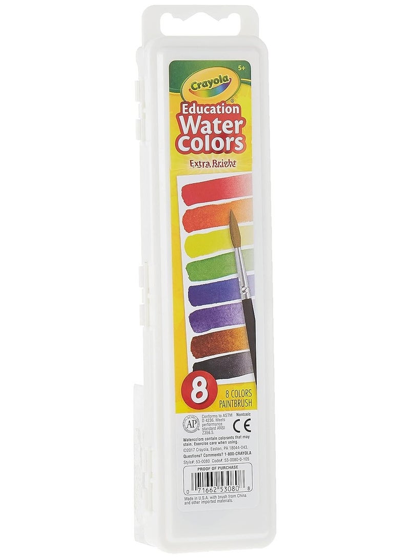 Crayola 8 Semi-moist Oval Watercolor Pans, 1 Taklon Brush - Image 1
